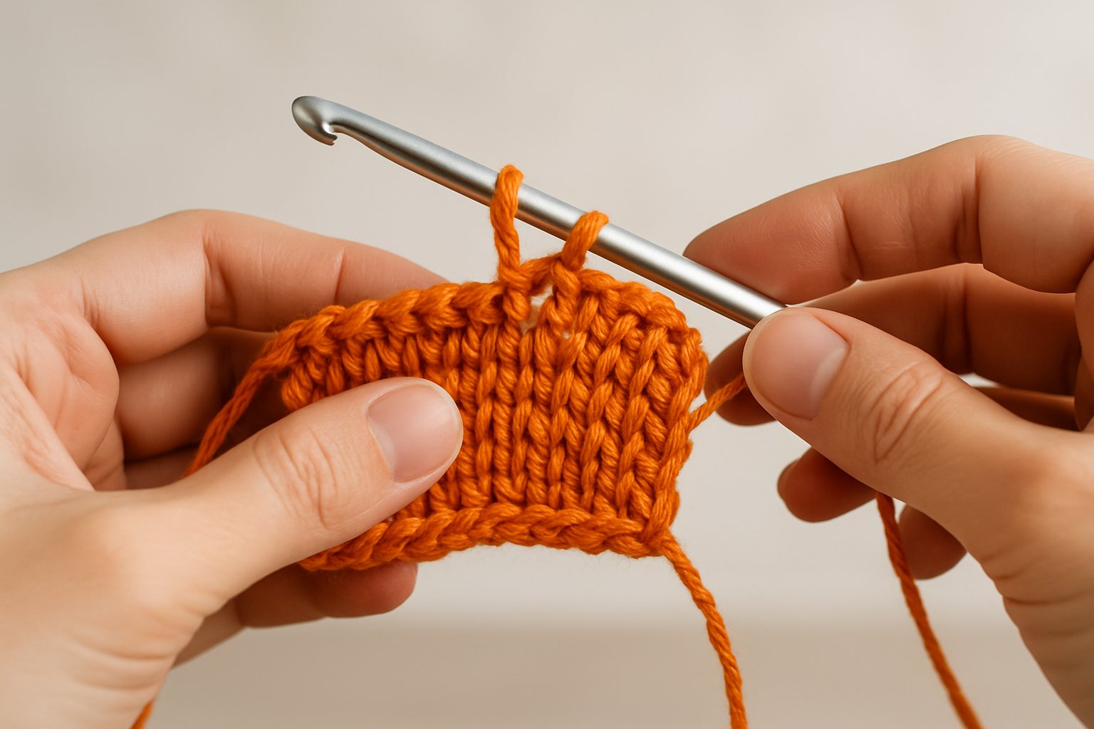 Hands holding a Tunisian crochet hook and yarn, demonstrating how to increase stitches in Tunisian crochet.