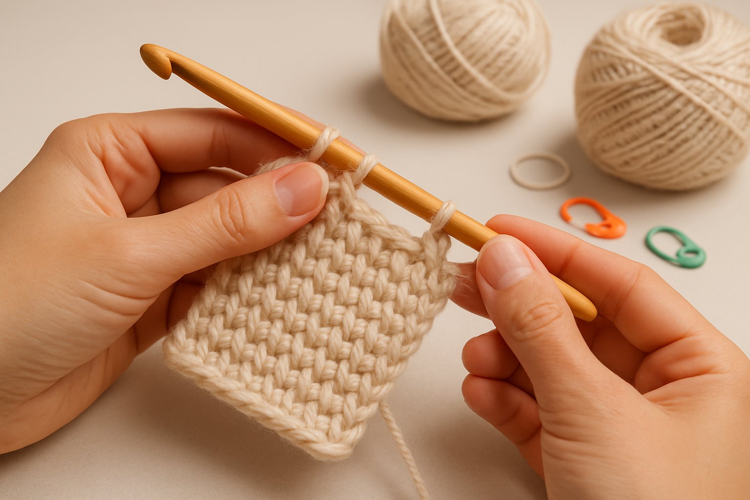 Close-up of hands using a wooden Tunisian crochet hook to work on a piece of crochet fabric with yarn and crochet tools nearby.