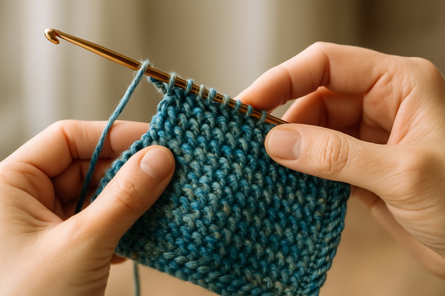 Close-up of hands using a Tunisian crochet hook to create a textured crochet piece with colorful yarn.