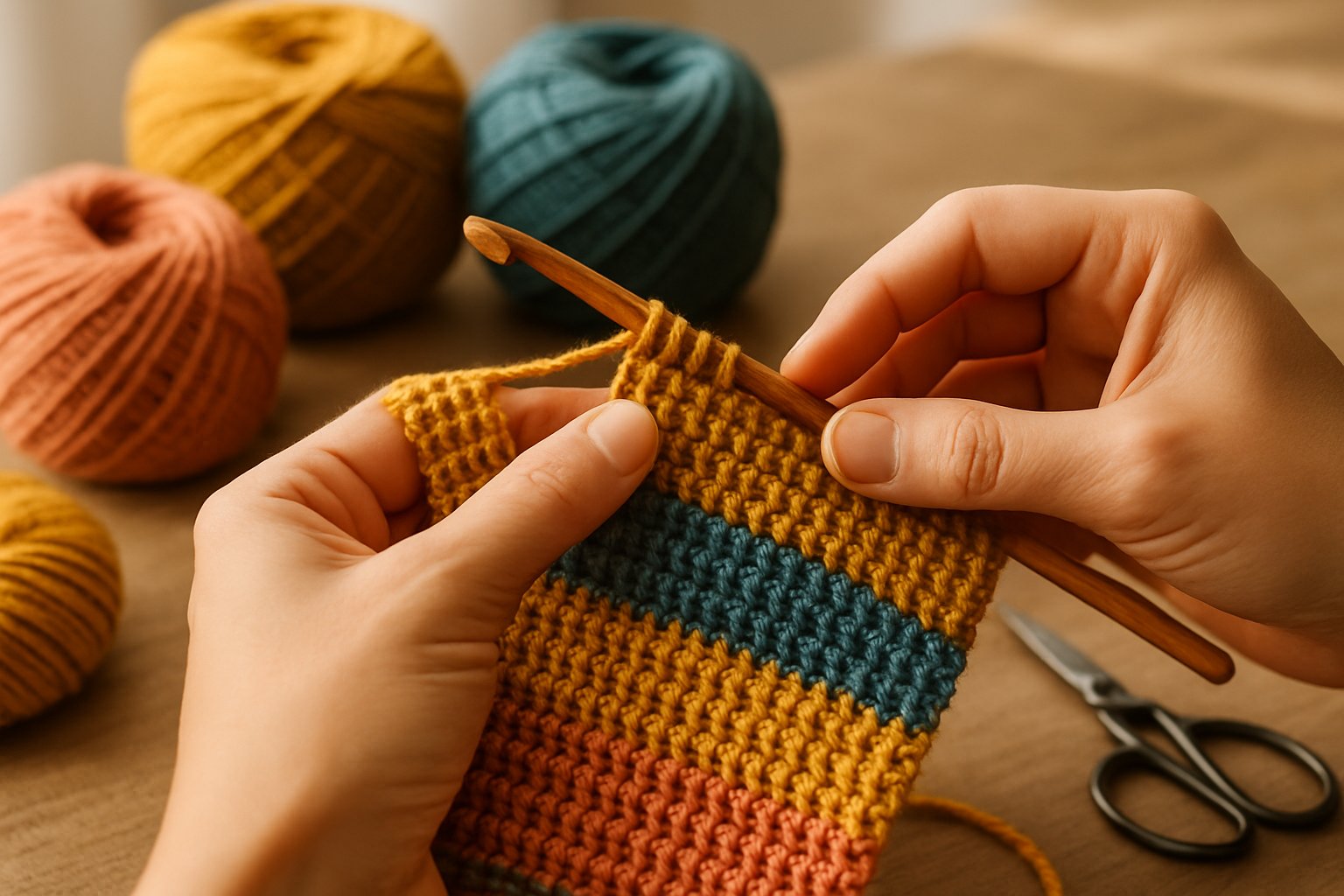 Close-up of hands crocheting with a wooden Tunisian crochet hook and colorful yarn, with balls of yarn and a partially finished crochet piece on a table.