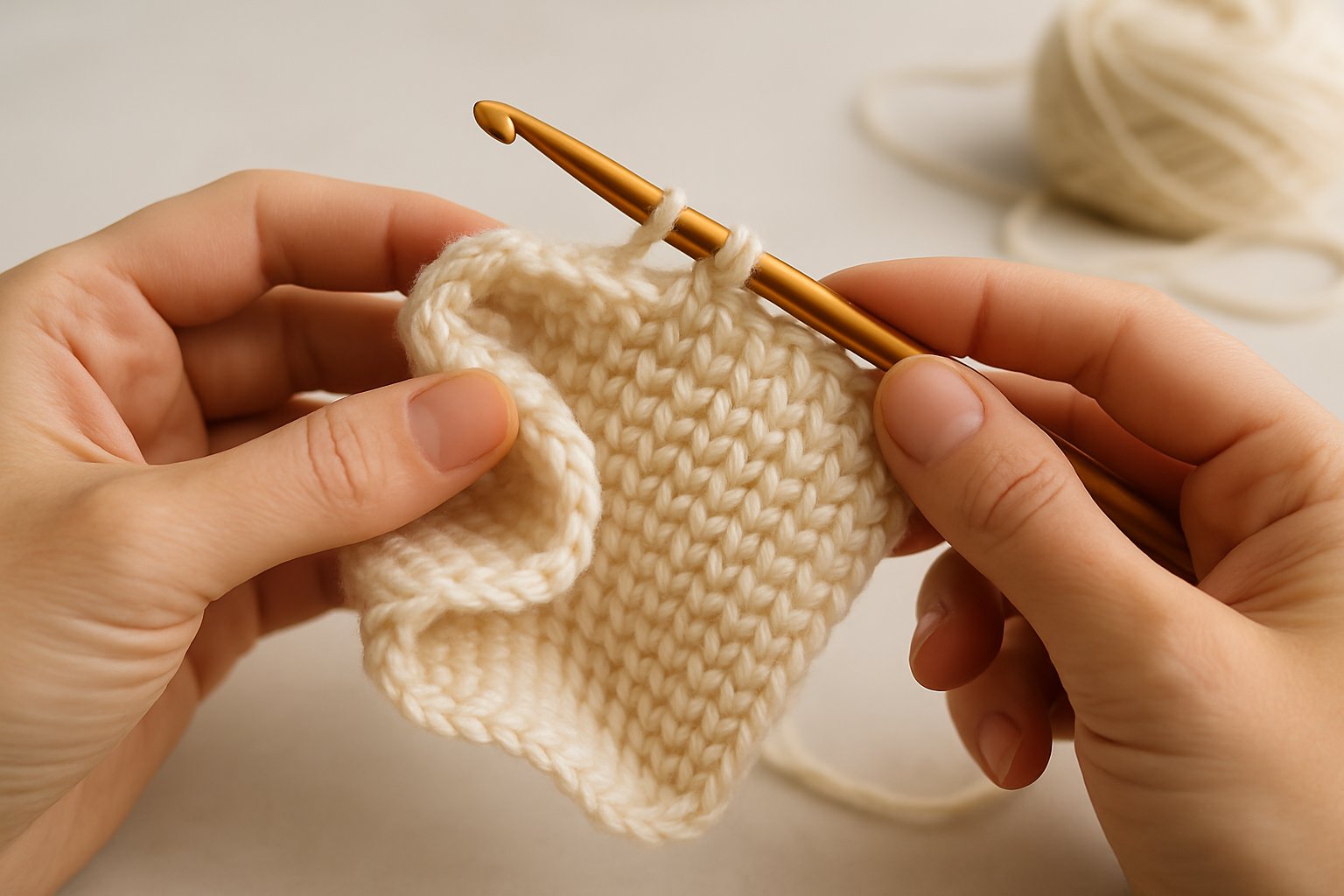 Hands crocheting Tunisian crochet fabric with curling edges on a clean workspace.