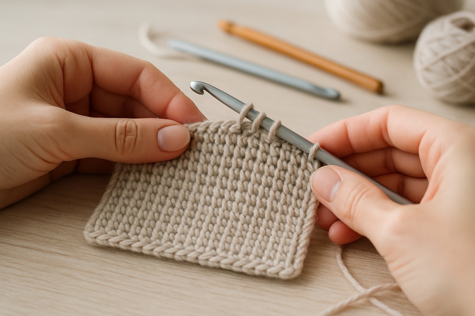 Hands working on a flat piece of Tunisian crochet fabric with a crochet hook, showing the fabric lying flat without curling.