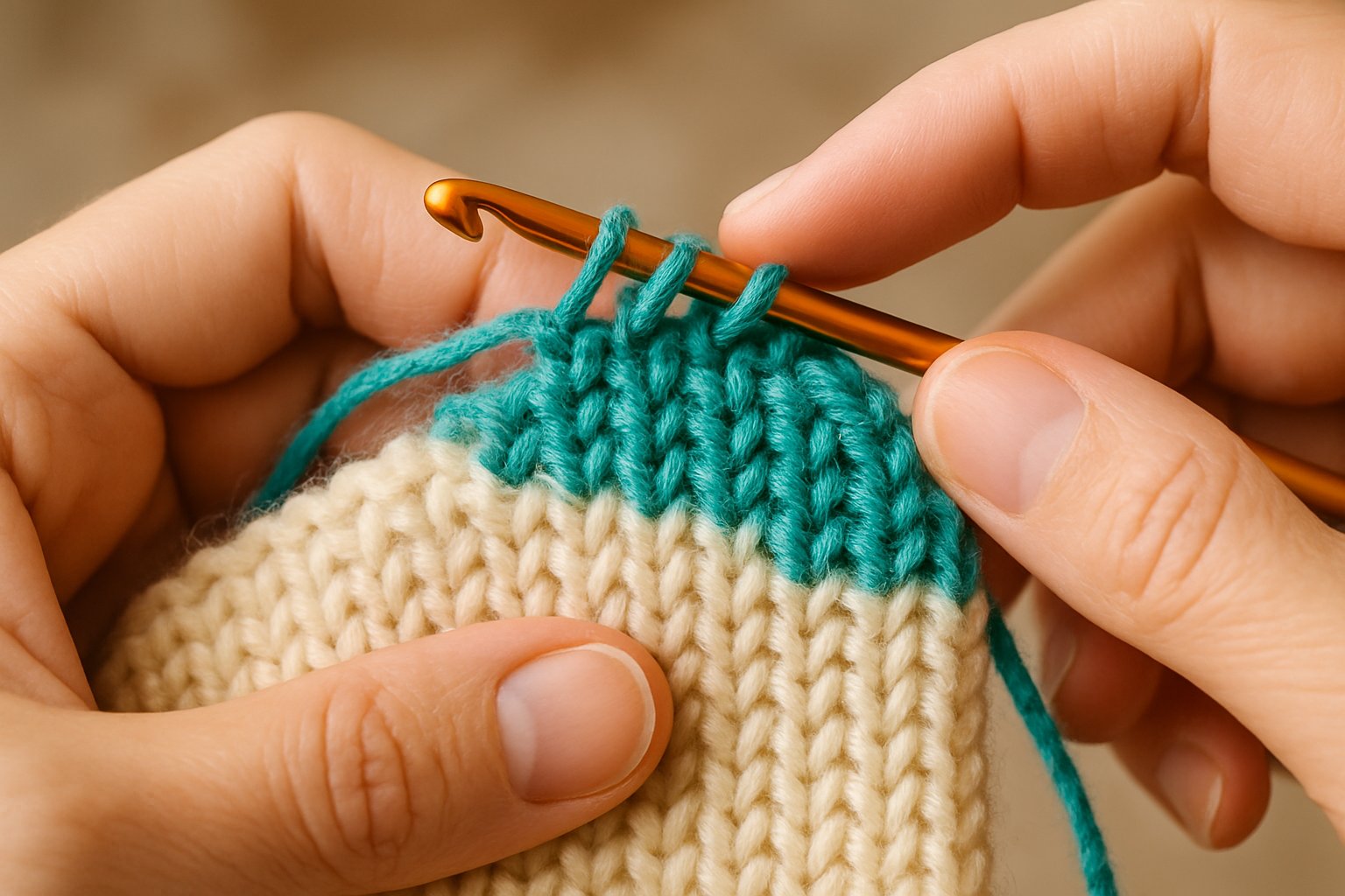 Hands changing yarn color while working on Tunisian crochet fabric with a crochet hook.