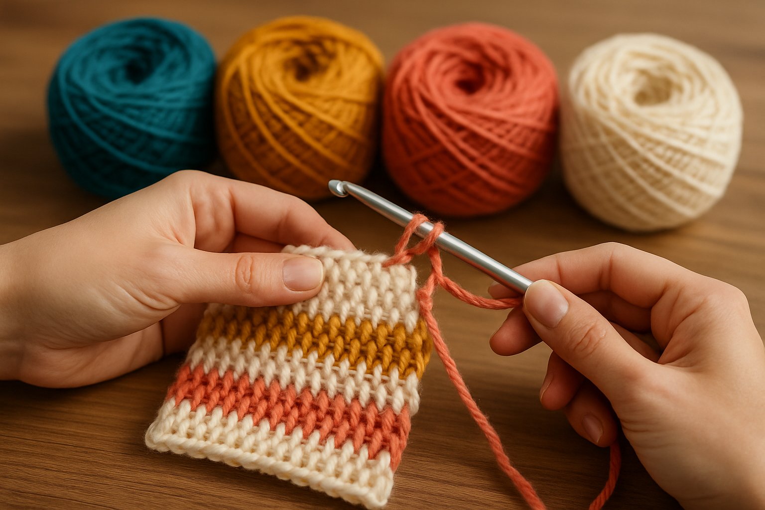 Close-up of hands changing yarn colors while crocheting with multiple colorful yarn balls on a wooden table.