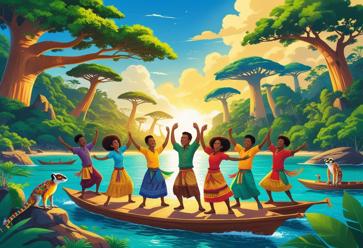 Une scène montrant des forêts verdoyantes, des baobabs, des lémuriens, des personnes en habits traditionnels dansant près de la mer turquoise.