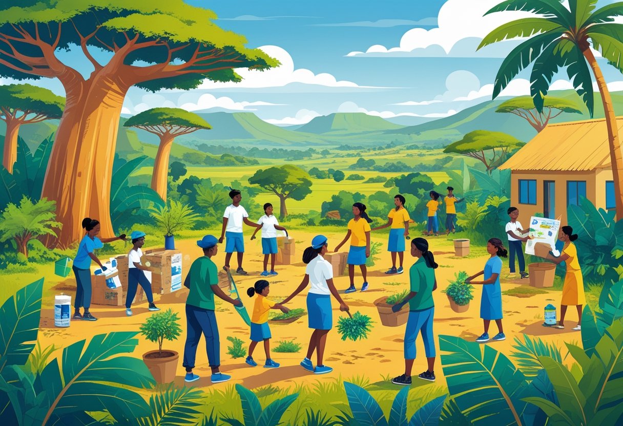 Des personnes travaillant ensemble dans un paysage malgache avec des baobabs, plantant des arbres, construisant des maisons, enseignant et distribuant des fournitures.