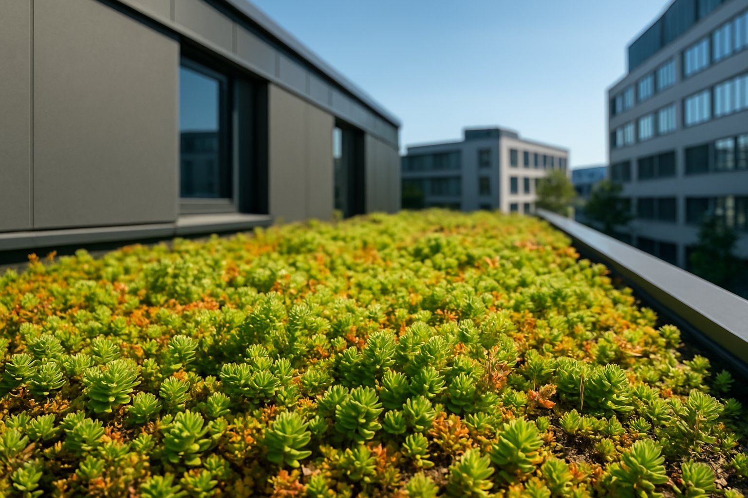 Nærbillede af et frodigt sedumtag på en moderne bygning med grønne planter under en klar blå himmel.