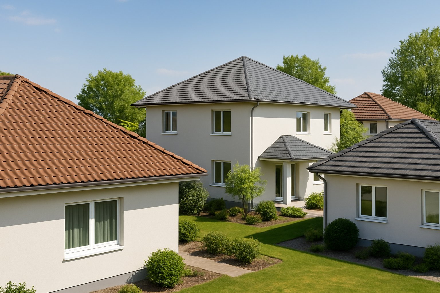 Flere moderne huse med valmtage i et solrigt boligområde med haver og træer.
