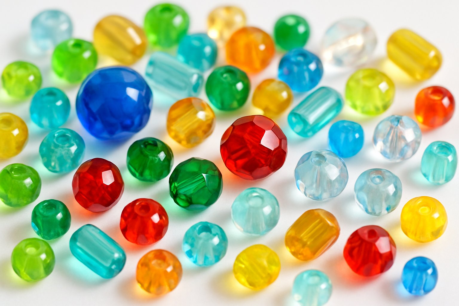 Close-up of assorted colorful glass beads scattered on a white surface.