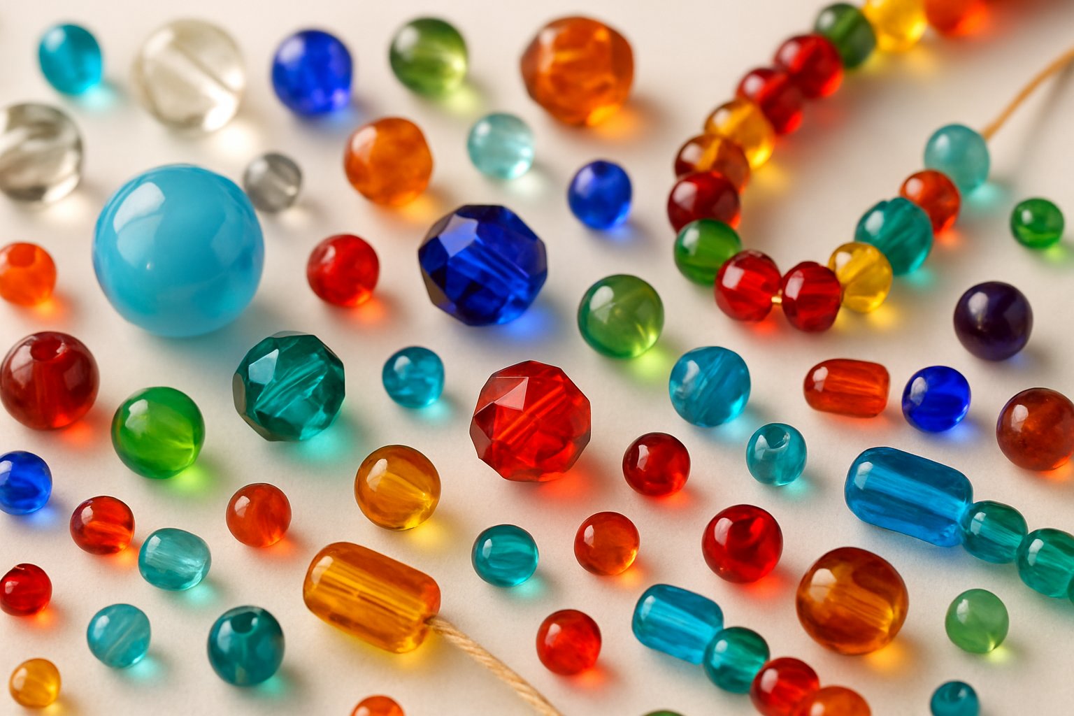 Close-up view of various colorful glass beads for jewelry making arranged on a neutral surface.