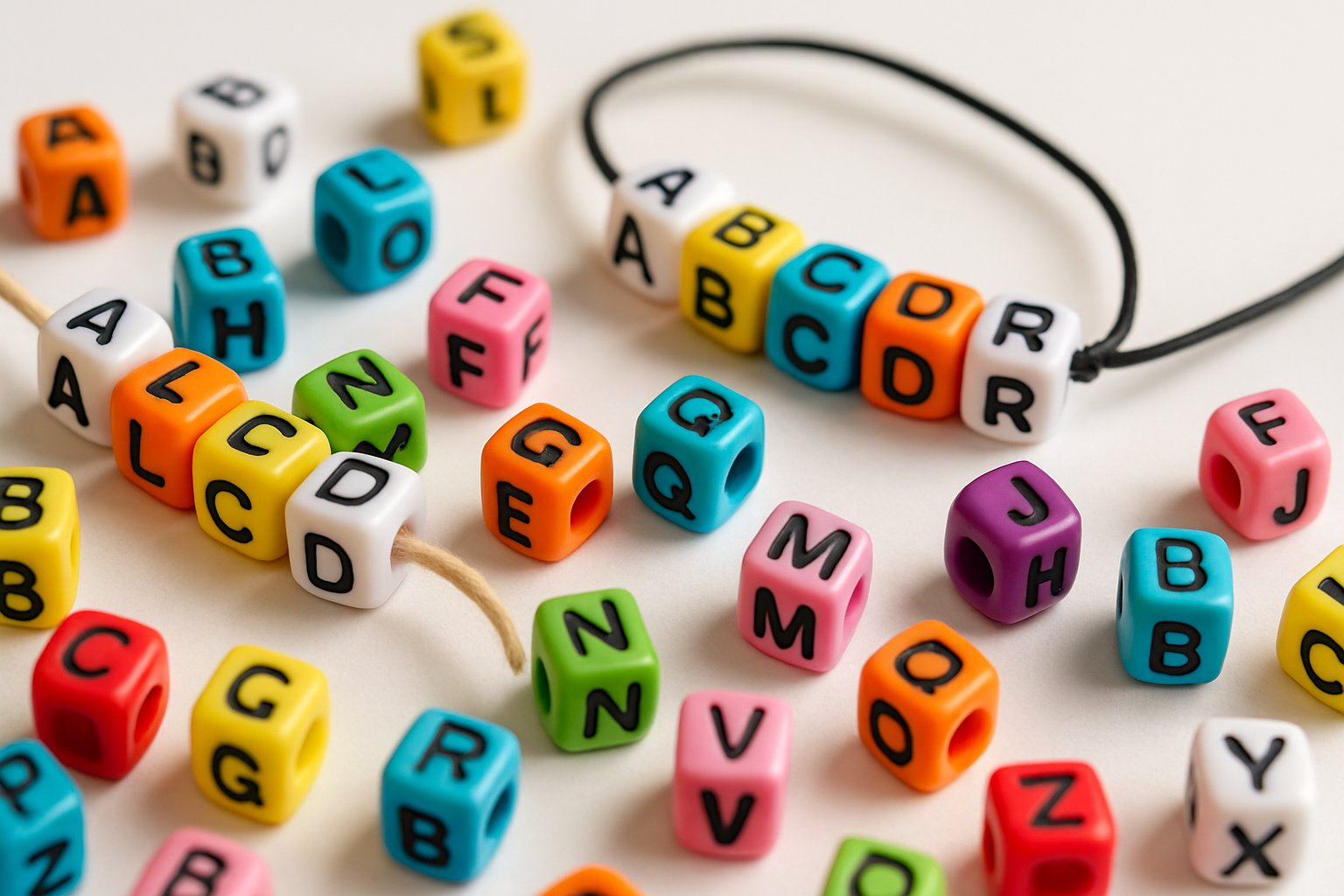 Close-up of colorful letter beads scattered and threaded on strings for making bracelets on a white surface.