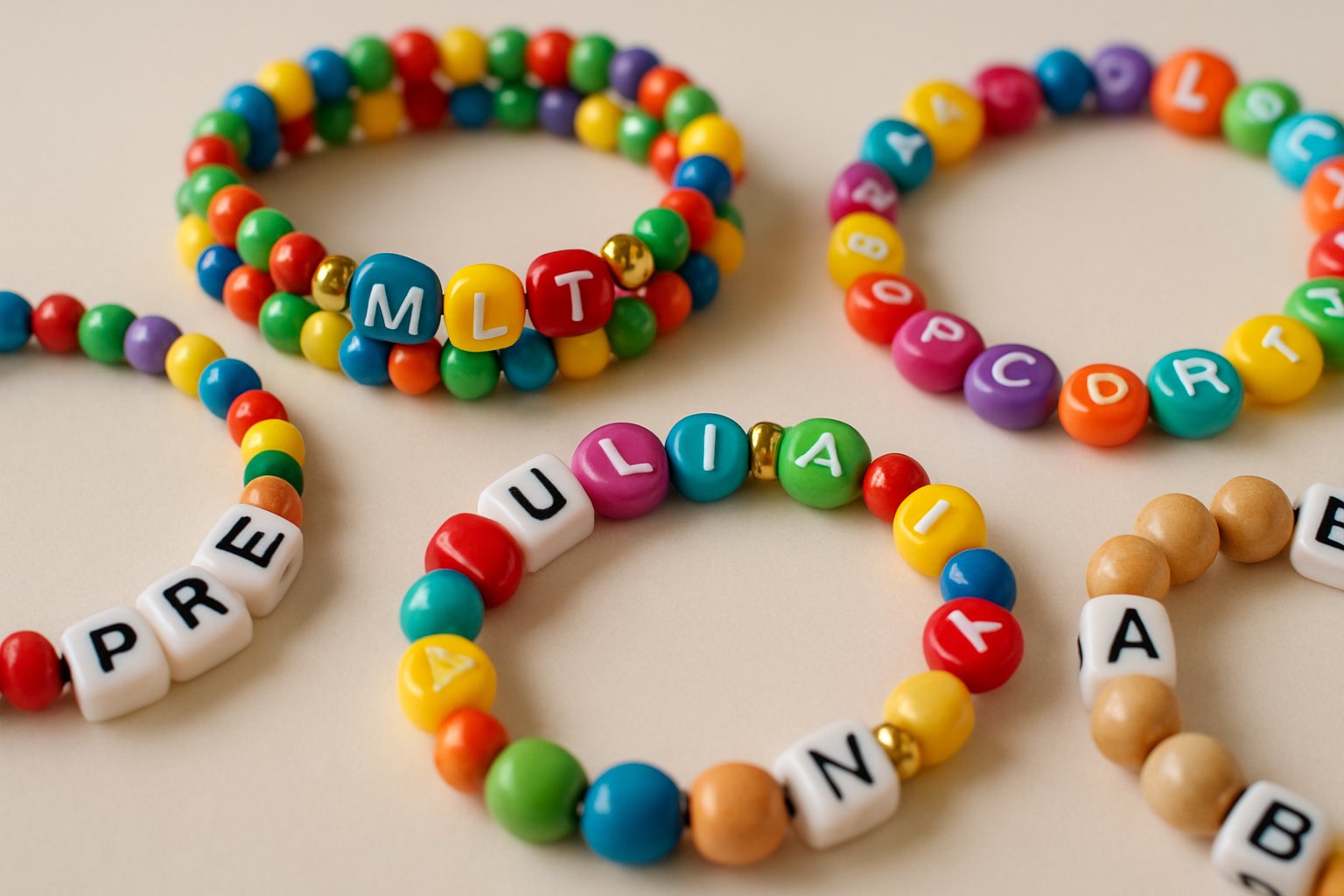 Close-up view of colorful letter bead bracelets arranged on a neutral surface.