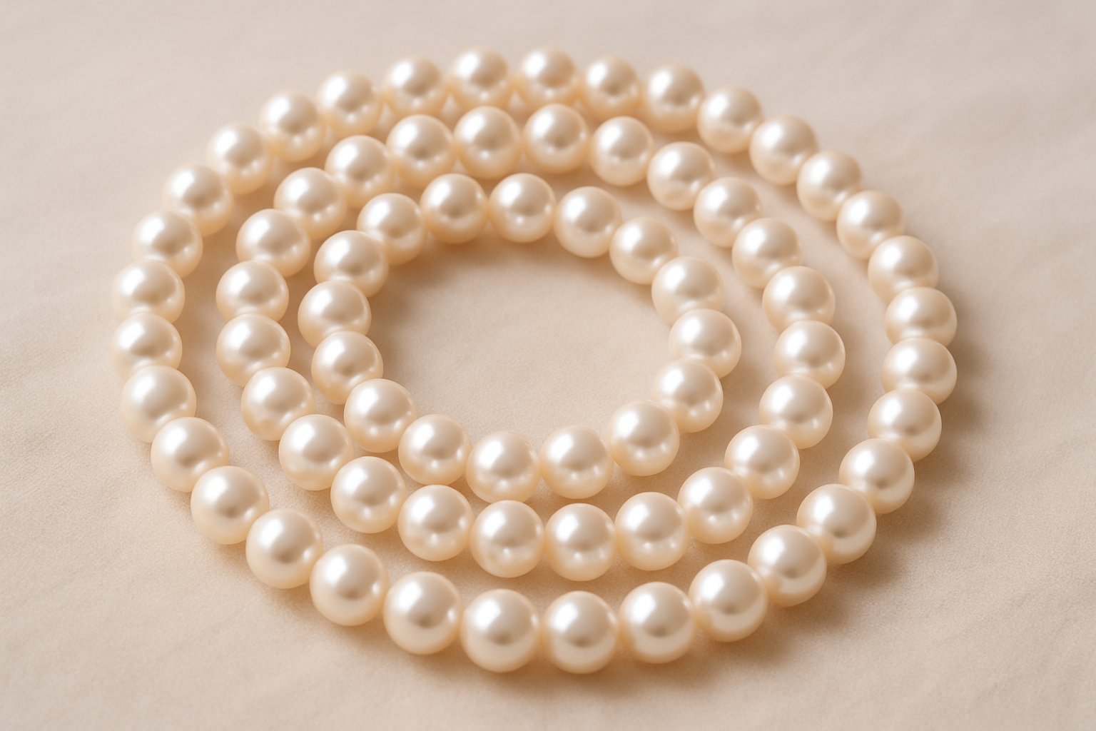 A close-up image of a freshwater pearl necklace arranged on soft fabric.