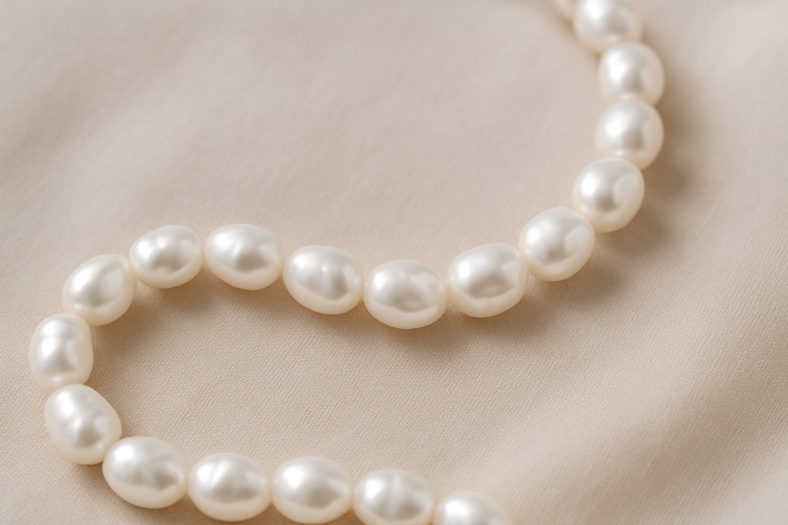 A close-up view of a freshwater pearl necklace with white pearls arranged on a soft fabric background.