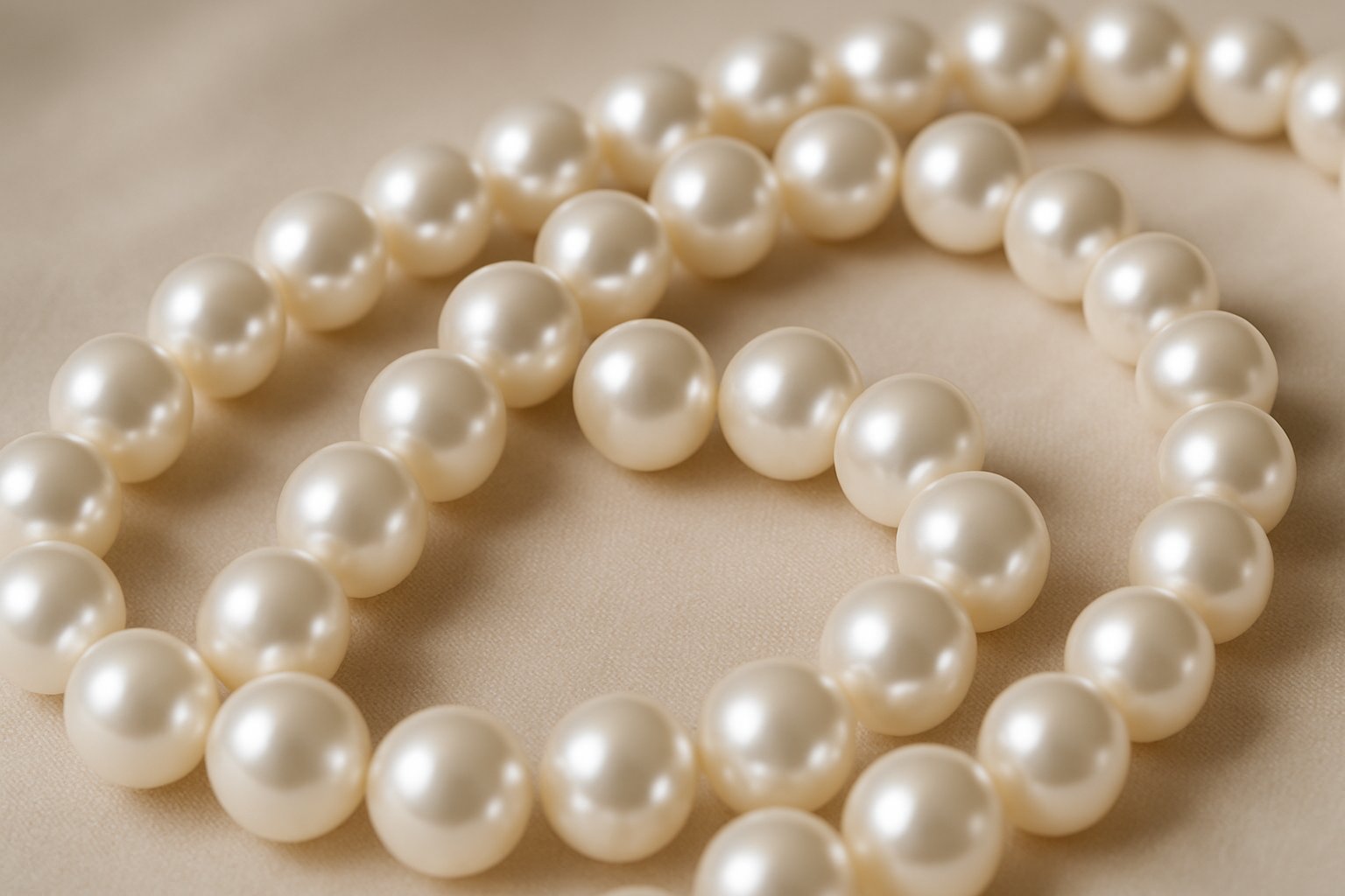 Close-up of lustrous pearl beads arranged on a soft fabric background.