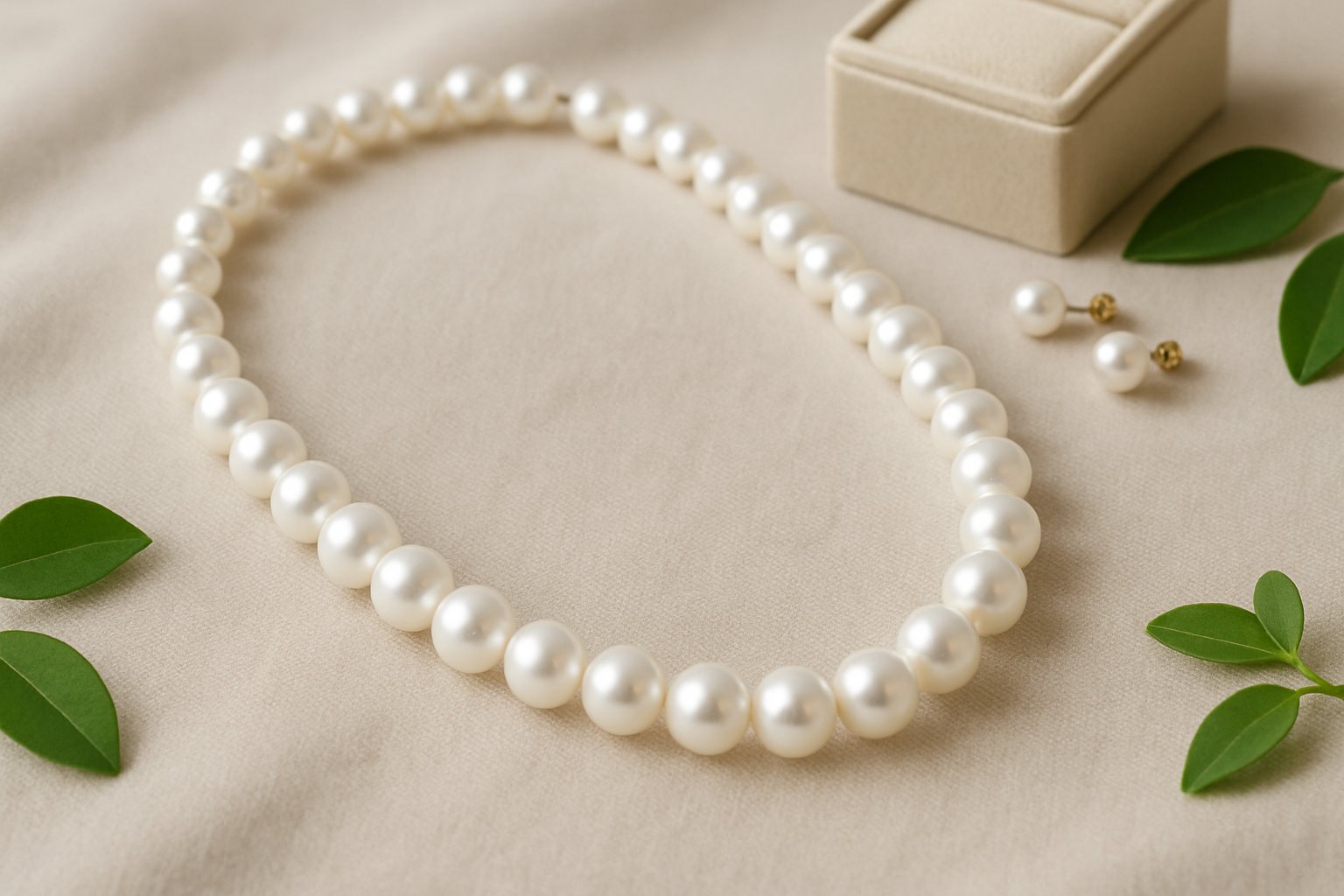 A freshwater pearl necklace displayed on soft fabric with pearl earrings and green leaves nearby.