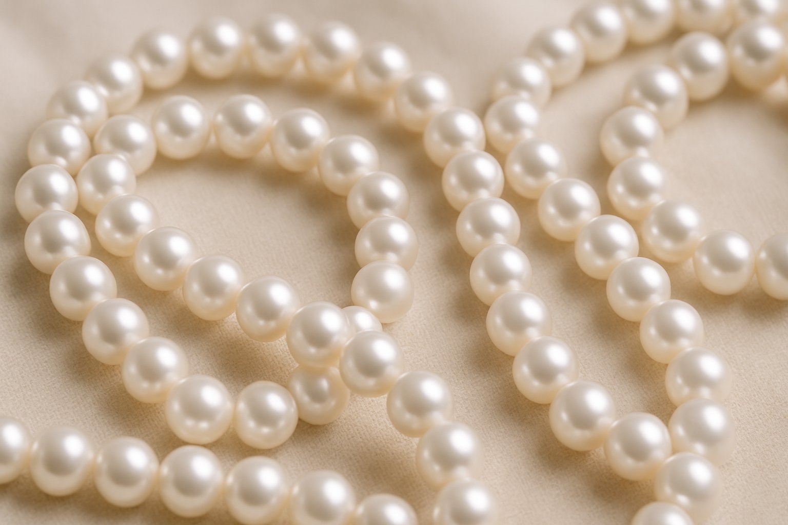 Close-up of smooth, round pearl beads arranged on a soft fabric background.