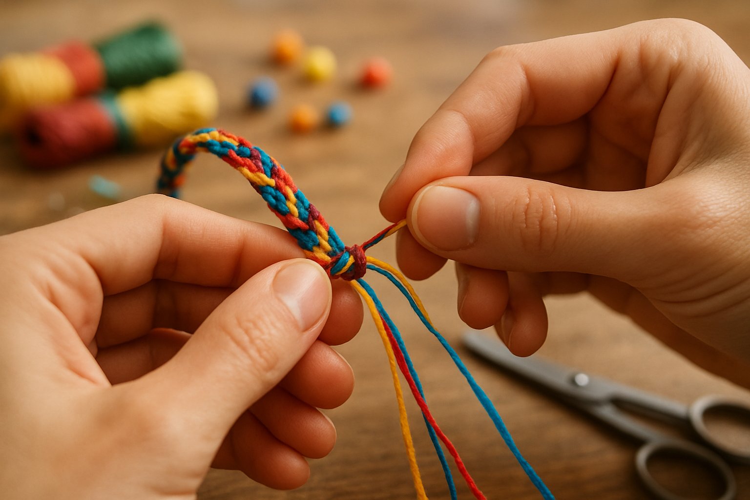 Hands tying the final knot on a colorful friendship bracelet with crafting materials on a wooden table.