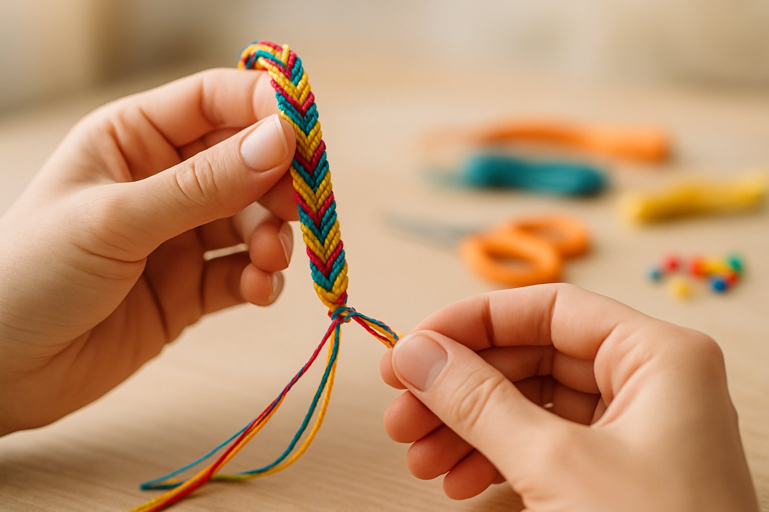 Close-up of hands tying a colorful friendship bracelet with crafting materials in the background.