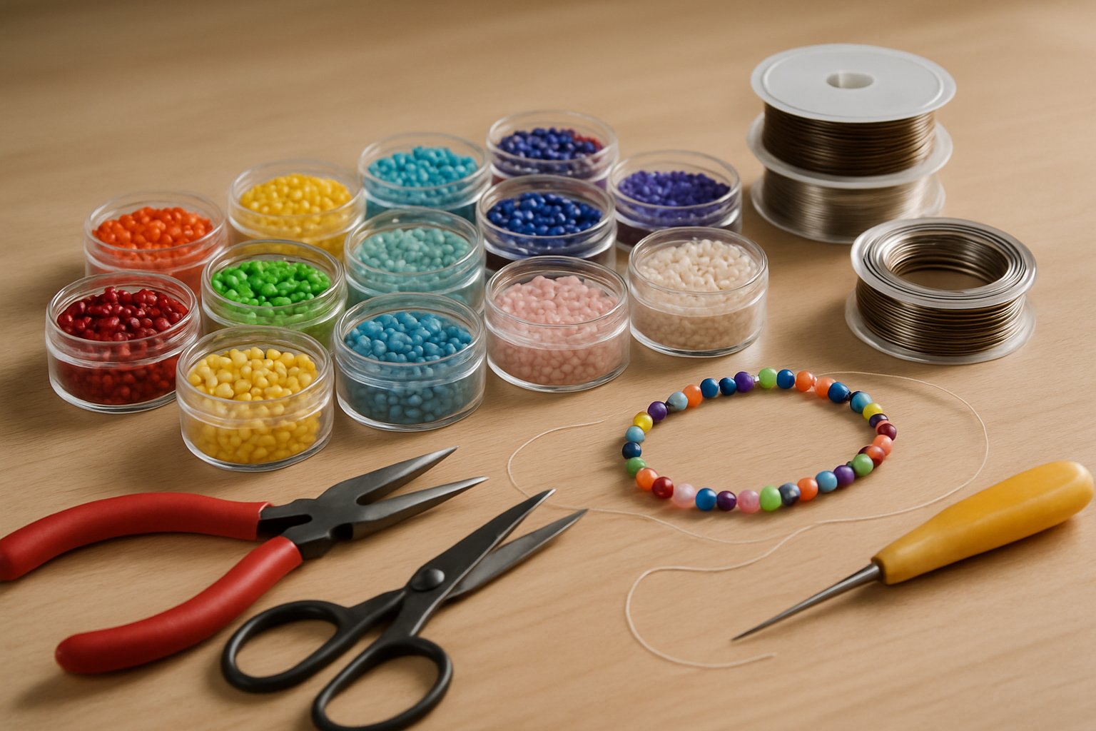 A workspace with colorful beads, beading tools, and a partially completed beaded bracelet on a wooden table.