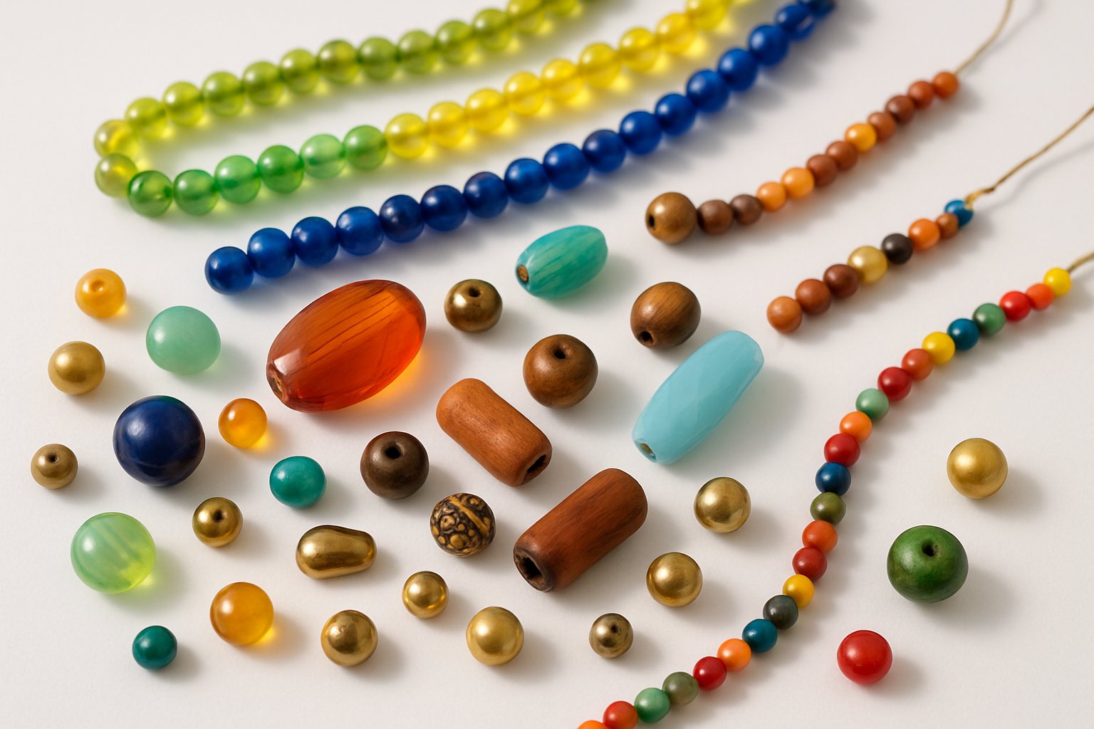 Close-up view of various colorful beads used for jewellery making arranged on a white surface.