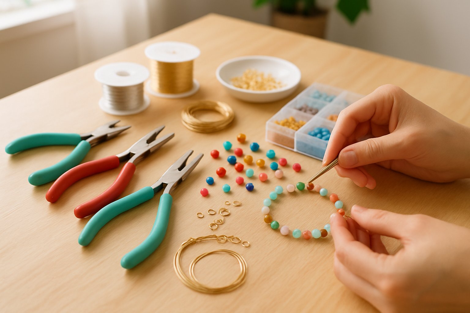 Hands assembling jewelry with tools and colorful beads on a wooden table.