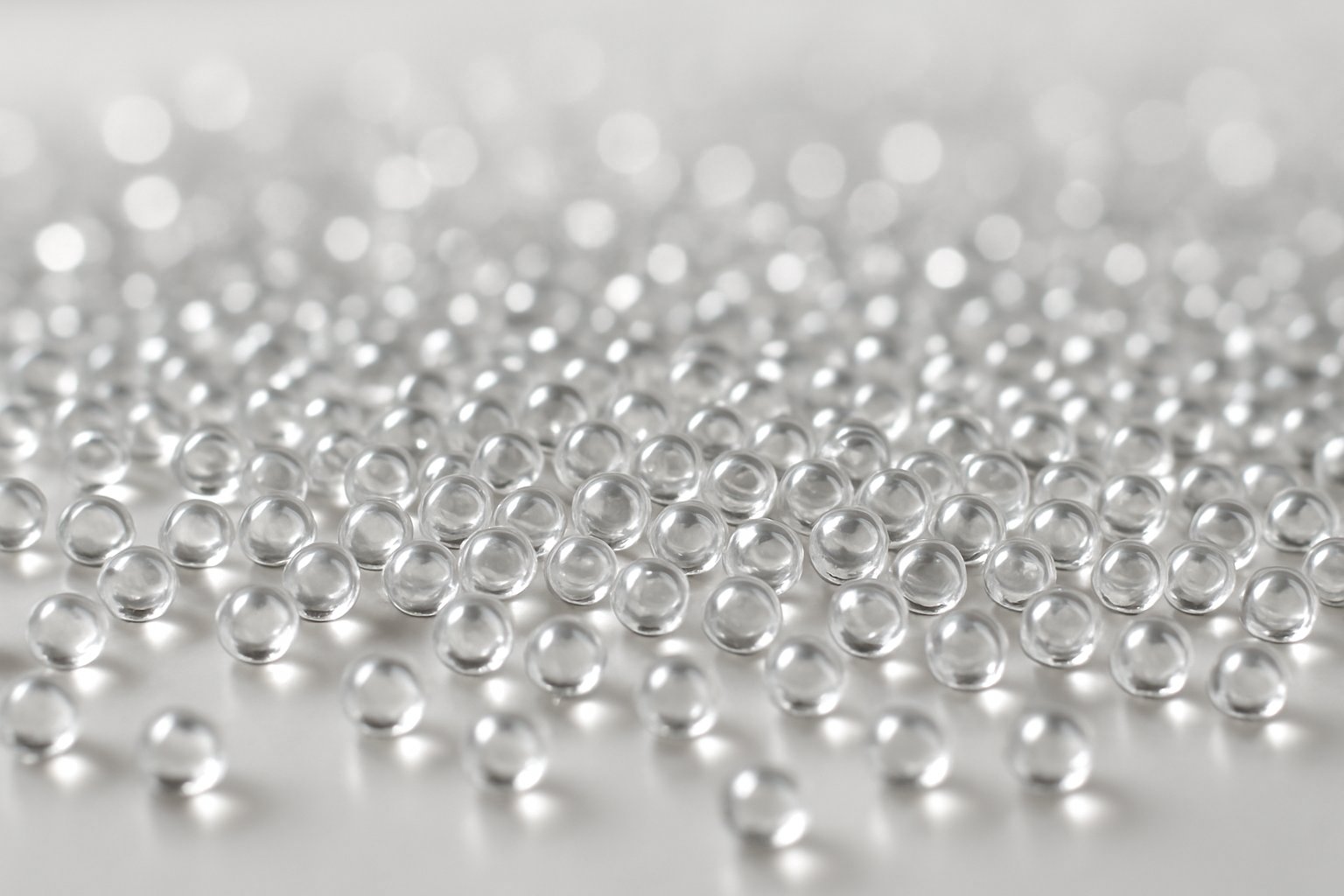 Close-up of many small transparent glass beads scattered on a smooth surface.