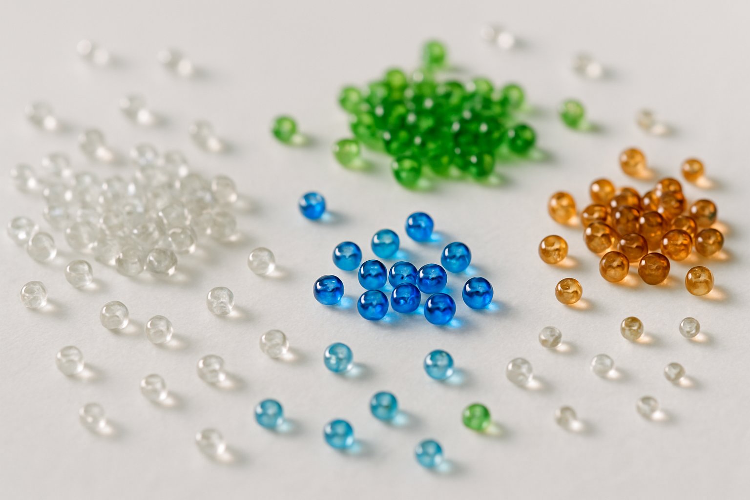 Close-up view of small colorful glass beads scattered on a white surface.
