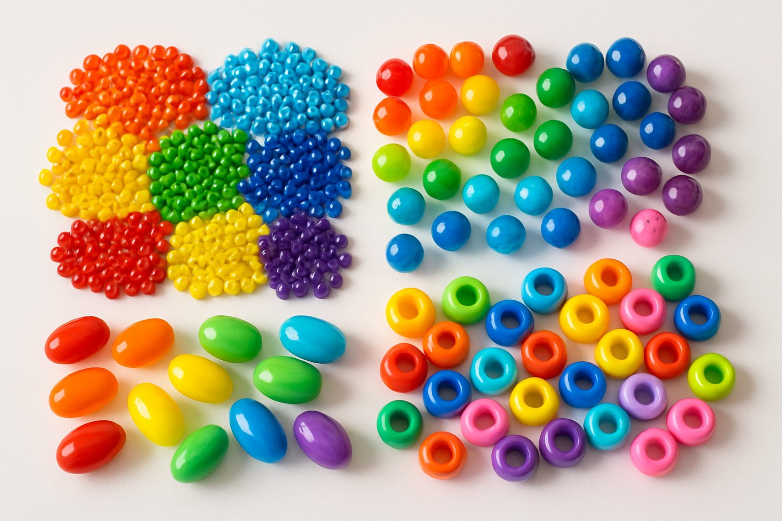 A collection of various colorful plastic beads of different shapes and sizes arranged neatly on a white surface.