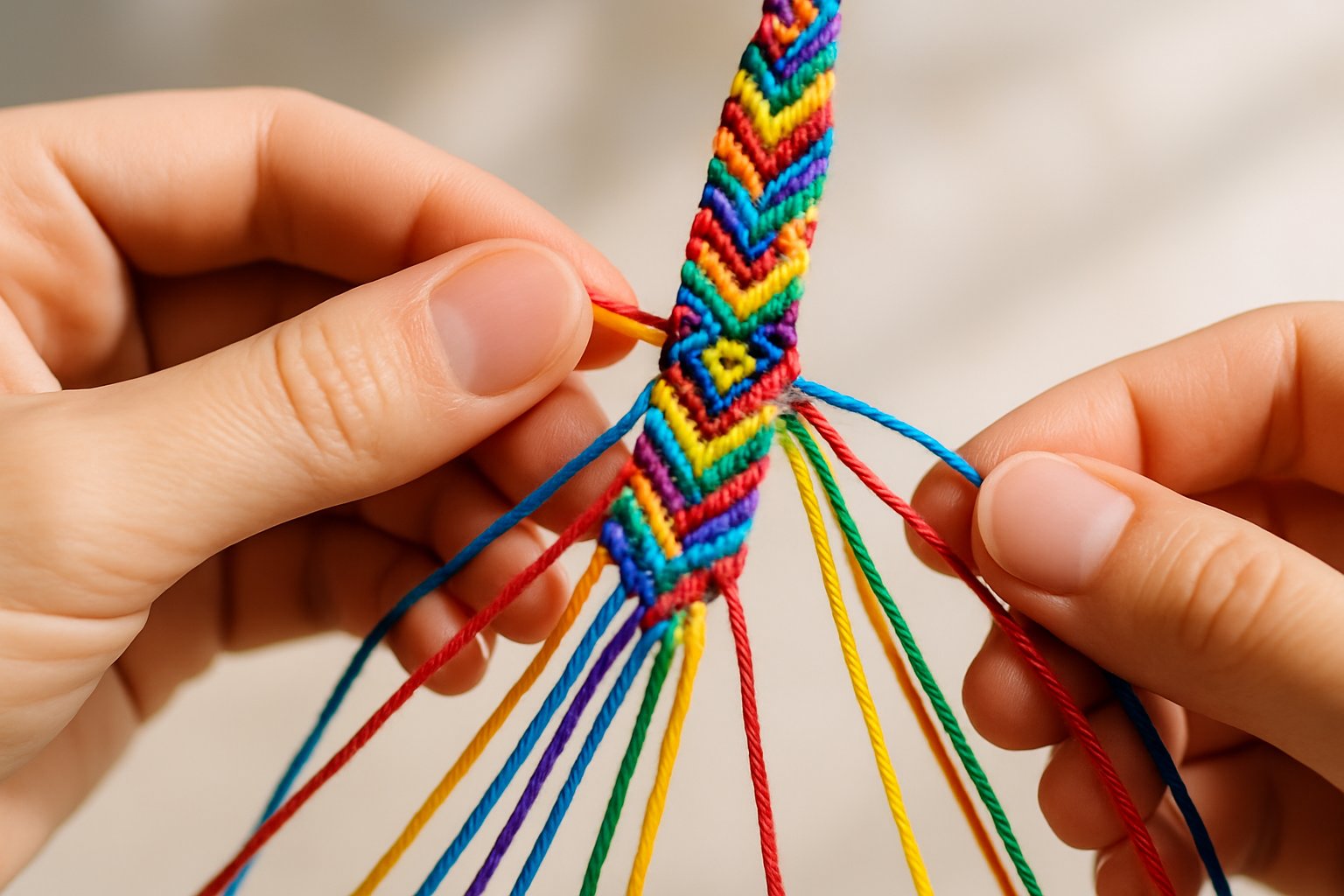 Close-up of hands weaving a colorful friendship bracelet with multiple strands of thread.