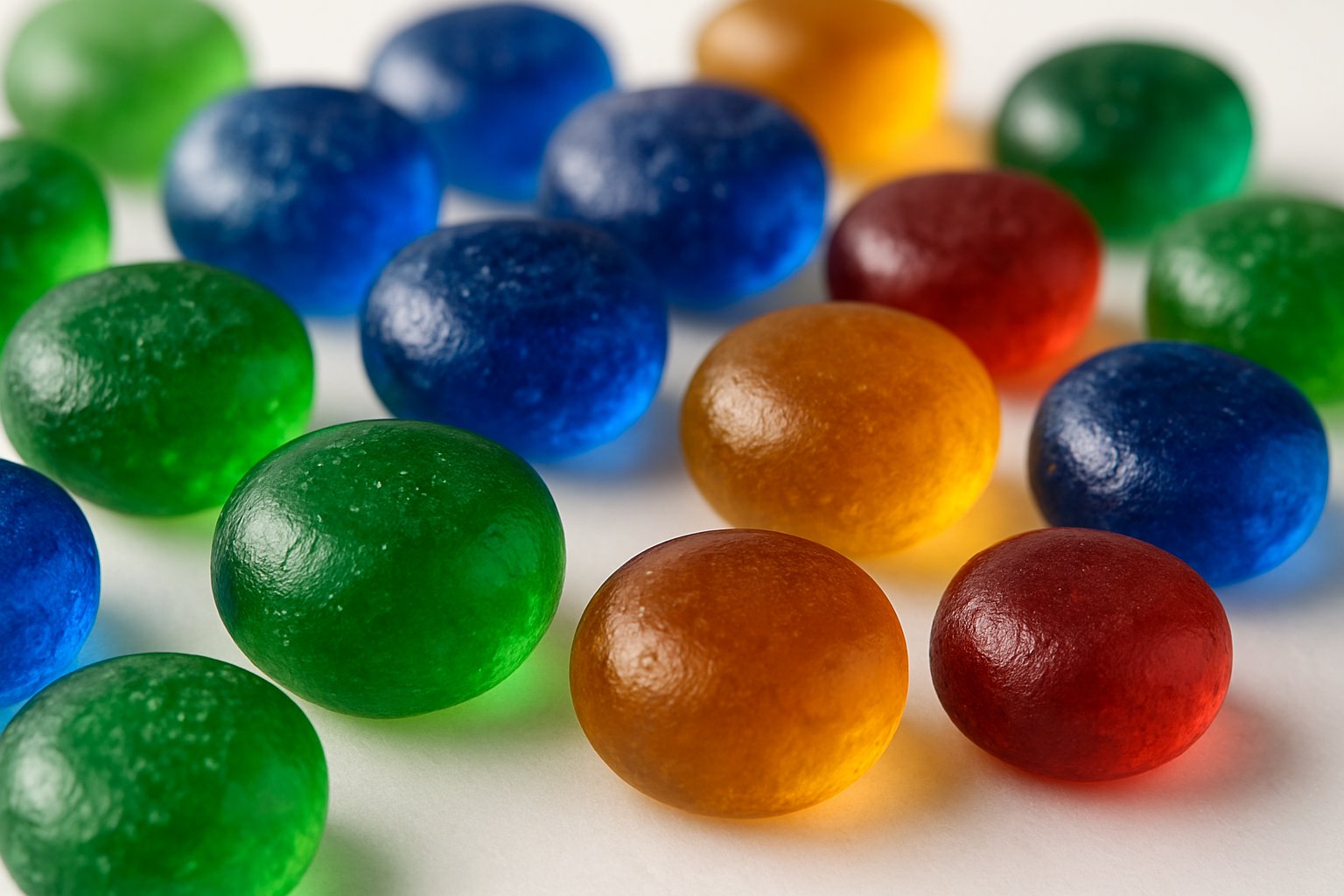 Close-up of colorful recycled glass beads scattered on a white surface.