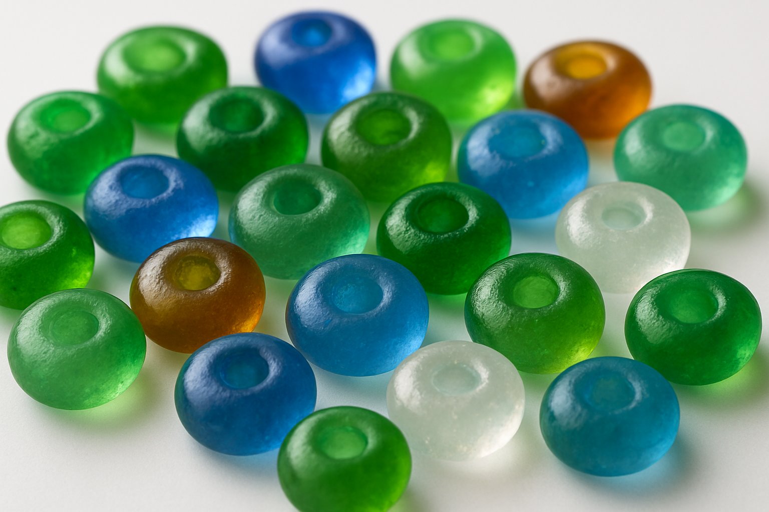 Close-up of colorful recycled glass beads in various sizes on a white background.