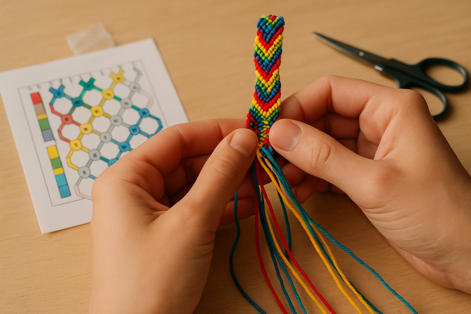 Close-up of hands weaving a colorful friendship bracelet with a pattern chart and crafting tools on a wooden table.