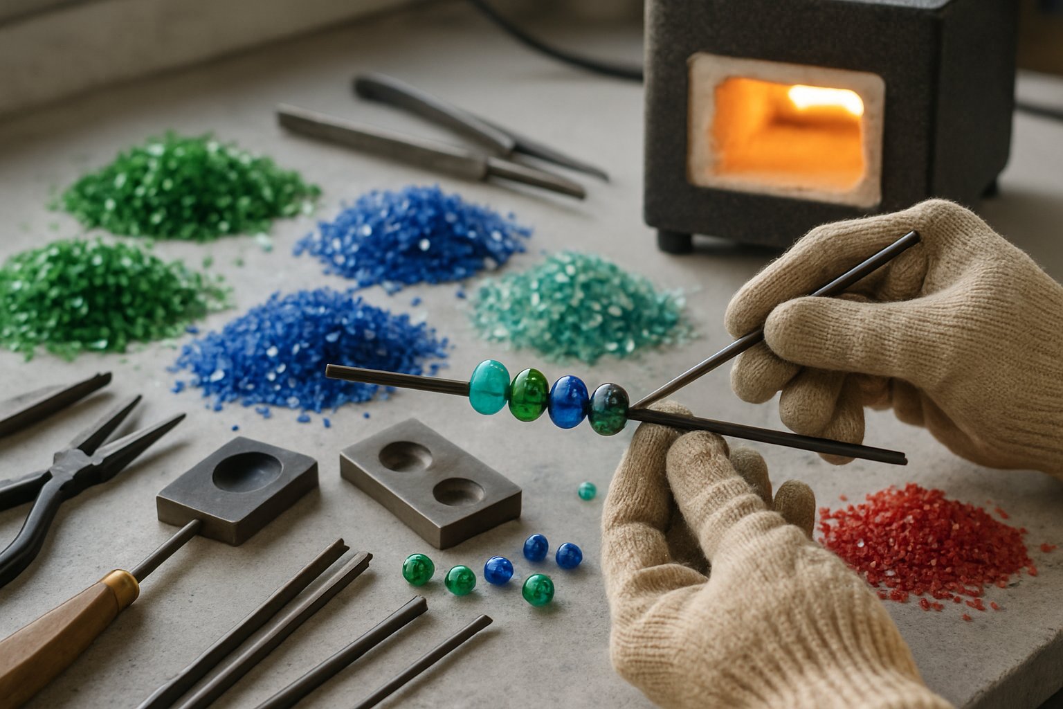 Hands shaping colorful recycled glass beads on a workshop table with glass fragments and tools nearby.