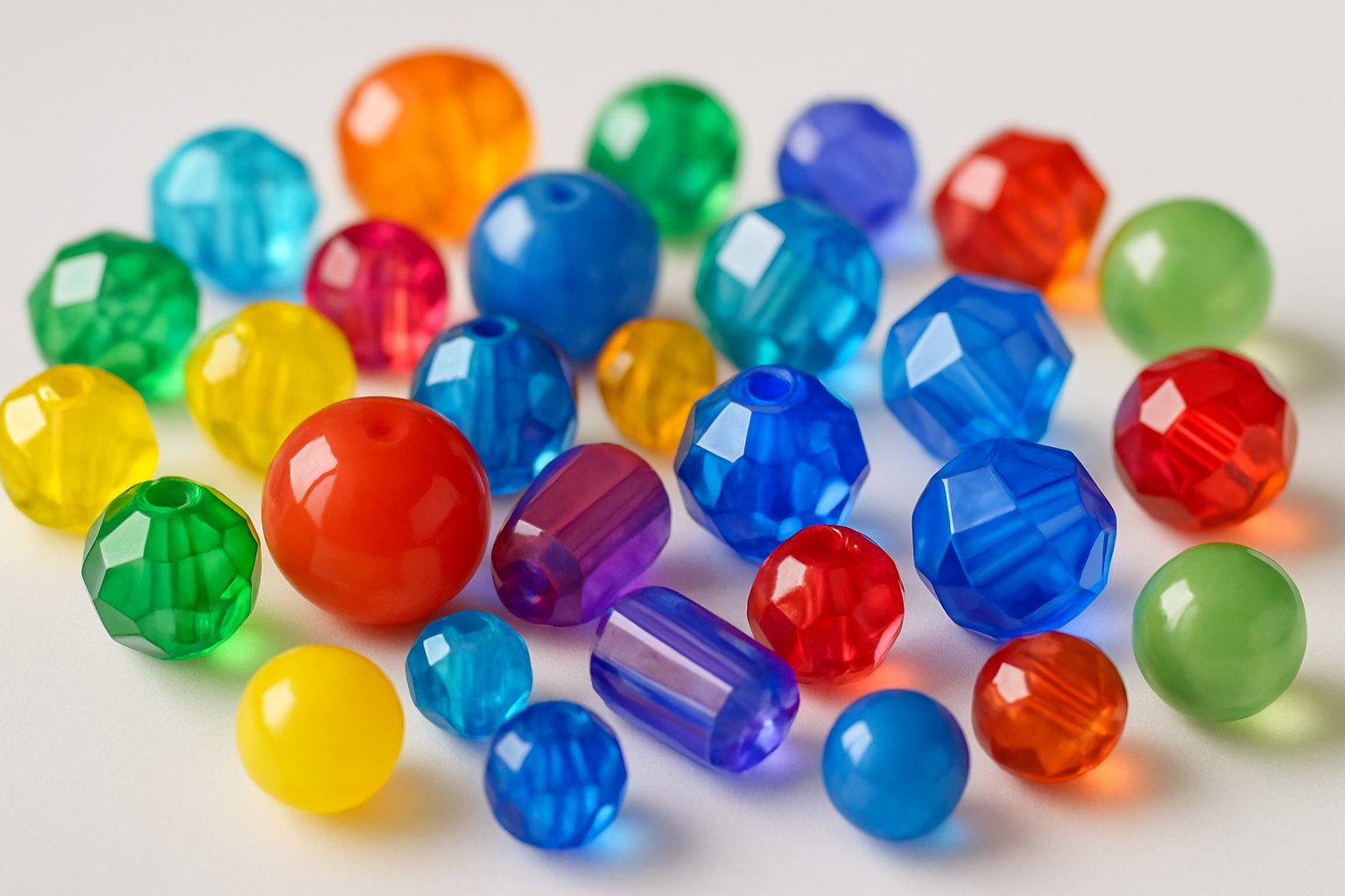 Close-up of colorful acrylic beads scattered on a white surface.