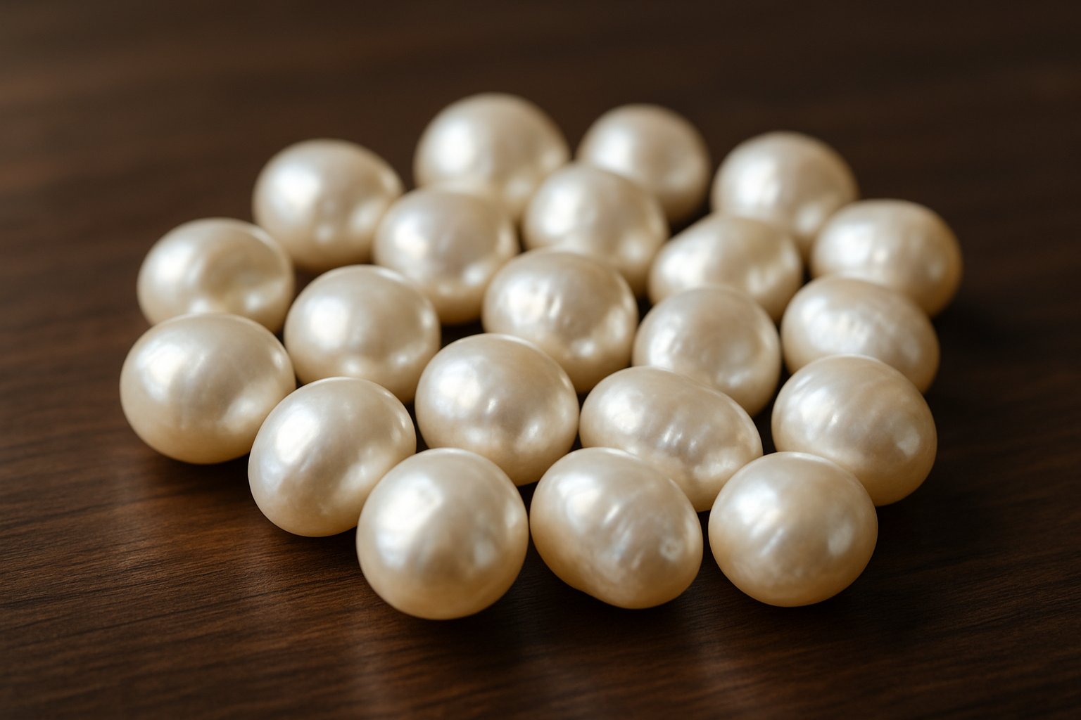 Close-up view of several natural river pearls on a dark wooden surface.