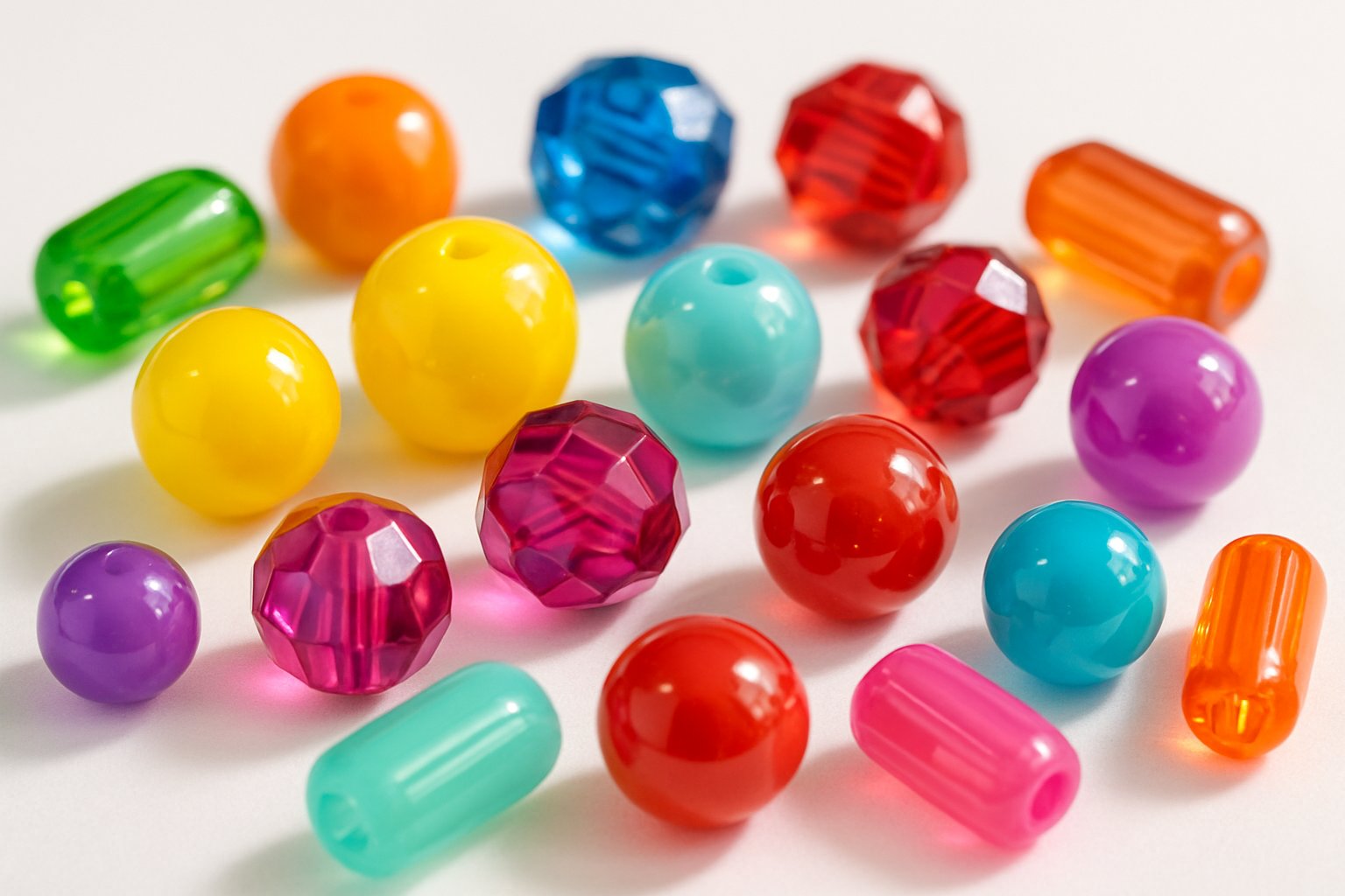 Close-up of colorful acrylic beads of different shapes and sizes scattered on a white surface.