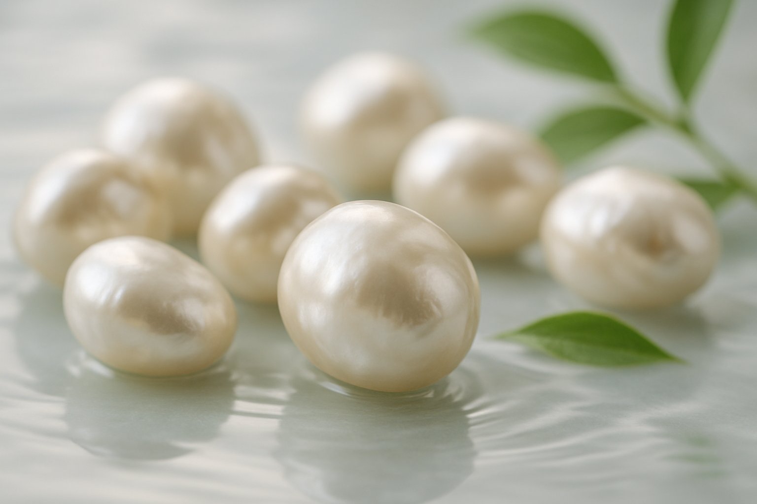 Close-up of several natural river pearls with soft iridescent colors arranged on a reflective surface with a blurred natural background.