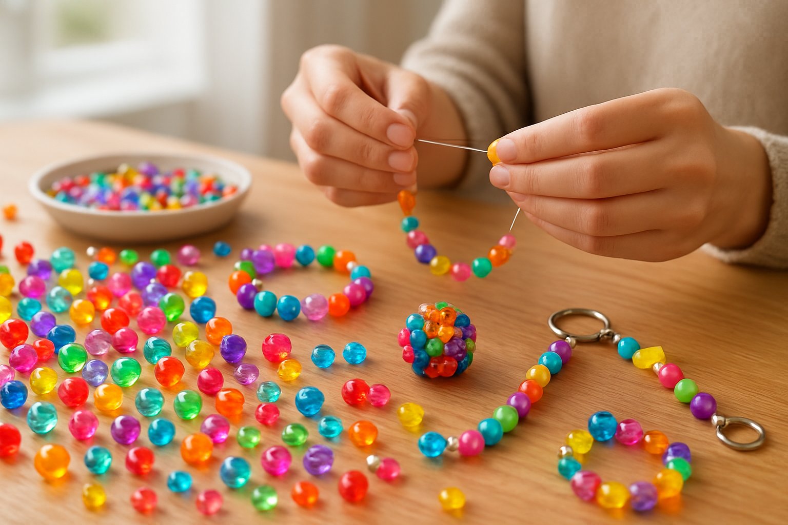 A workspace with colorful acrylic beads, finished beaded crafts, and hands stringing beads on a thread.