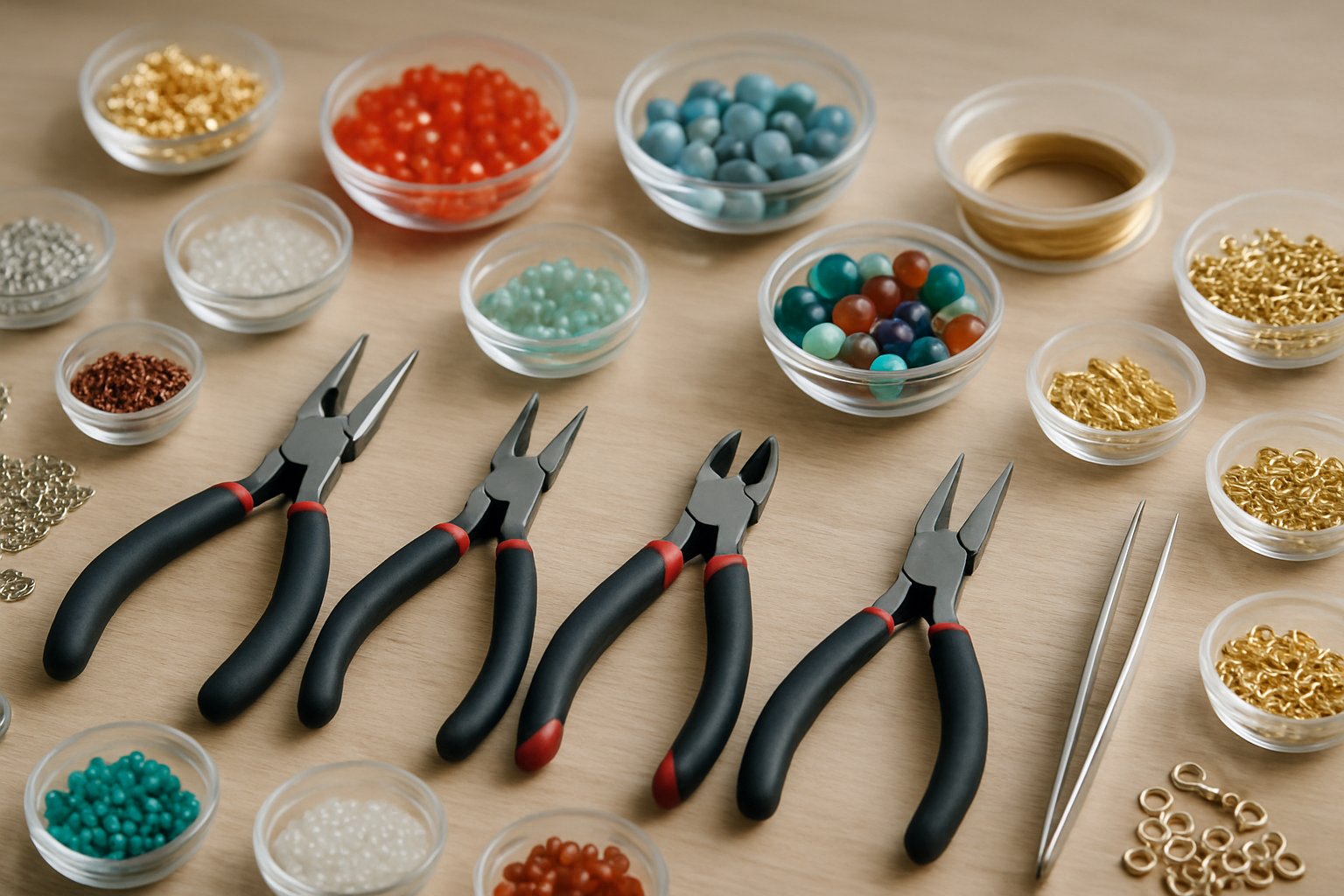 A workspace with jewellery making tools and supplies arranged on a wooden table.