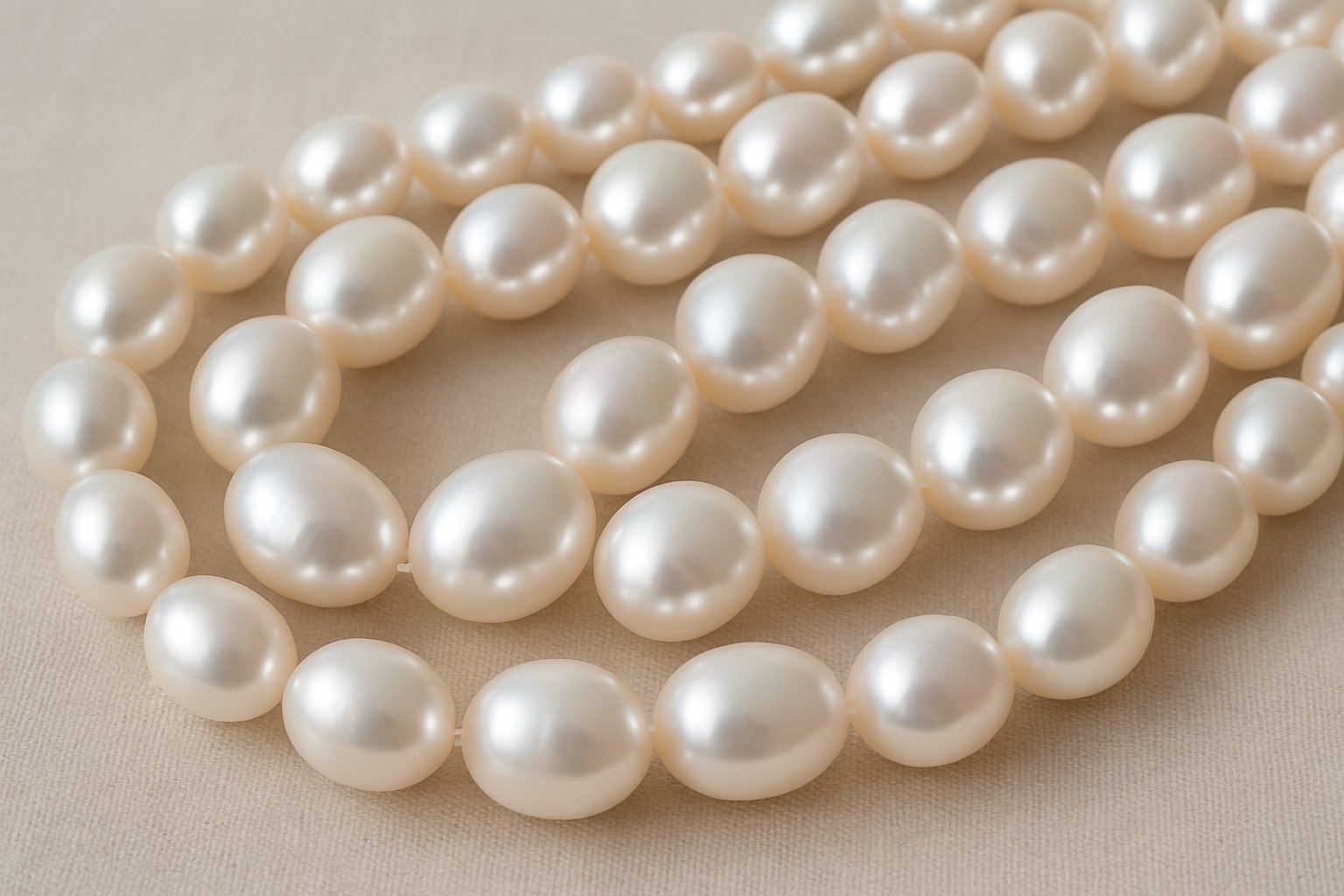 Close-up of a collection of fresh water pearl beads arranged on a soft fabric background.