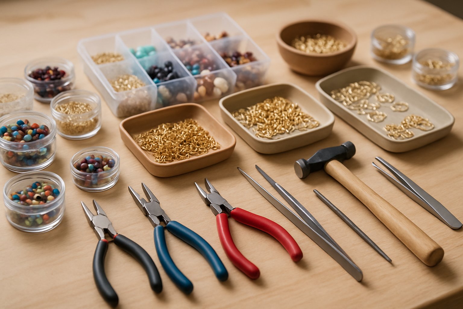 A workspace with jewellery making tools and supplies including pliers, beads, gemstones, and metal rings arranged on a wooden bench.