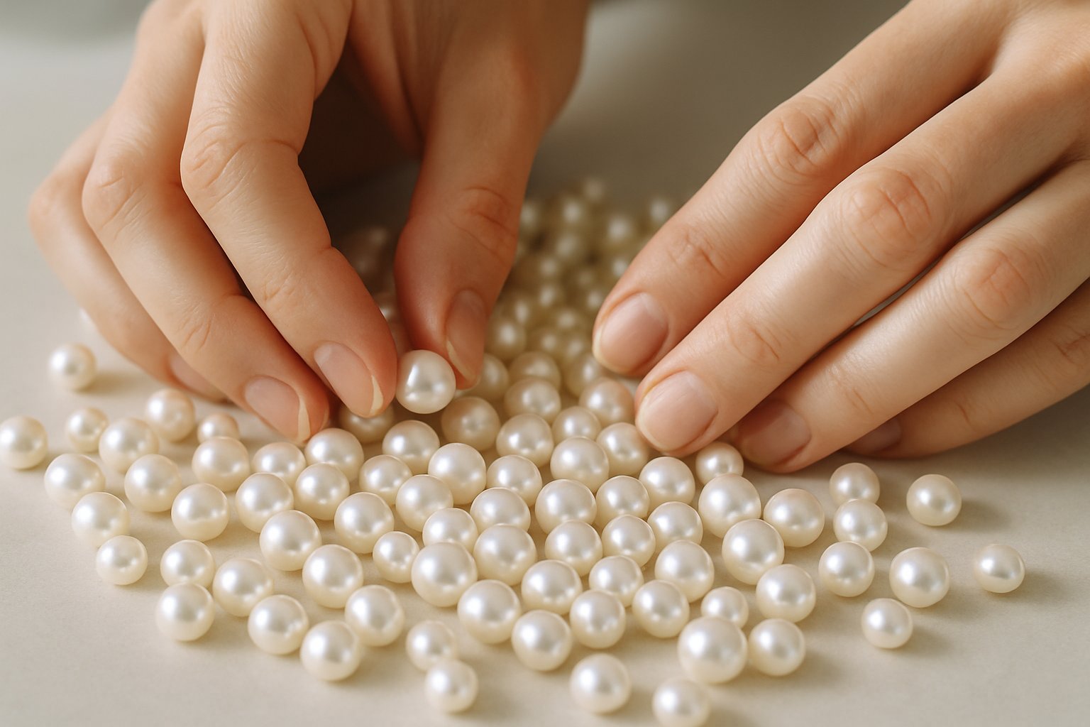 Hands carefully selecting high-quality freshwater pearl beads from a collection on a neutral surface.
