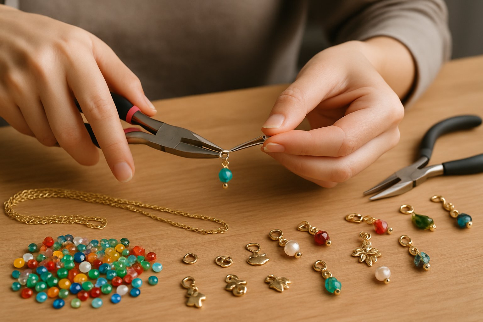Close-up of hands assembling charm jewellery on a wooden workbench with beads and tools.