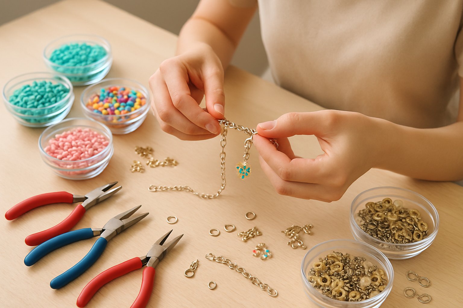 Person crafting charm jewellery at a wooden table with tools and beads.