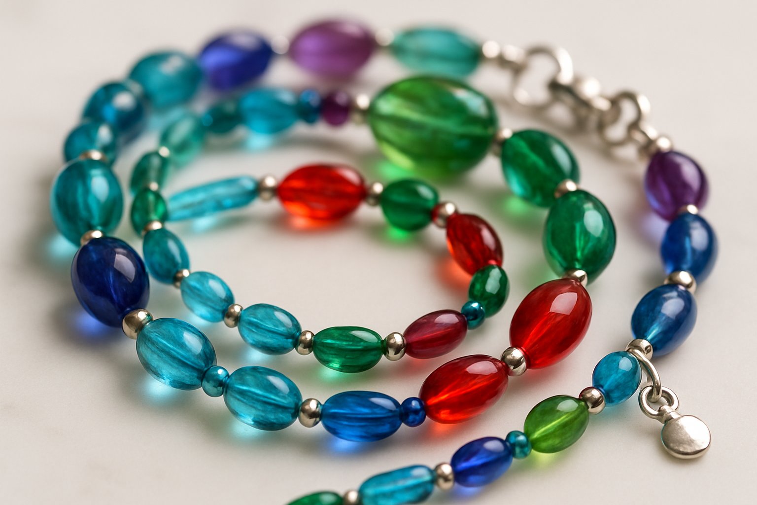 Close-up of several bracelets made with colorful glass beads arranged on a neutral background.