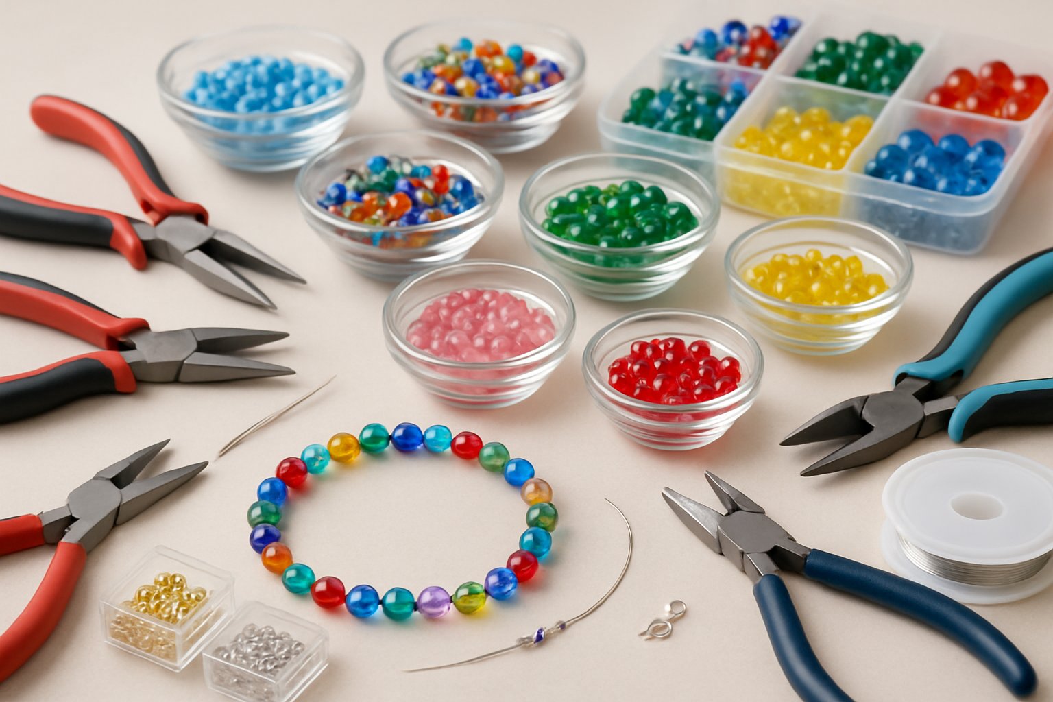 A workspace with colorful glass beads, jewelry-making tools, and a partially completed glass bead bracelet.