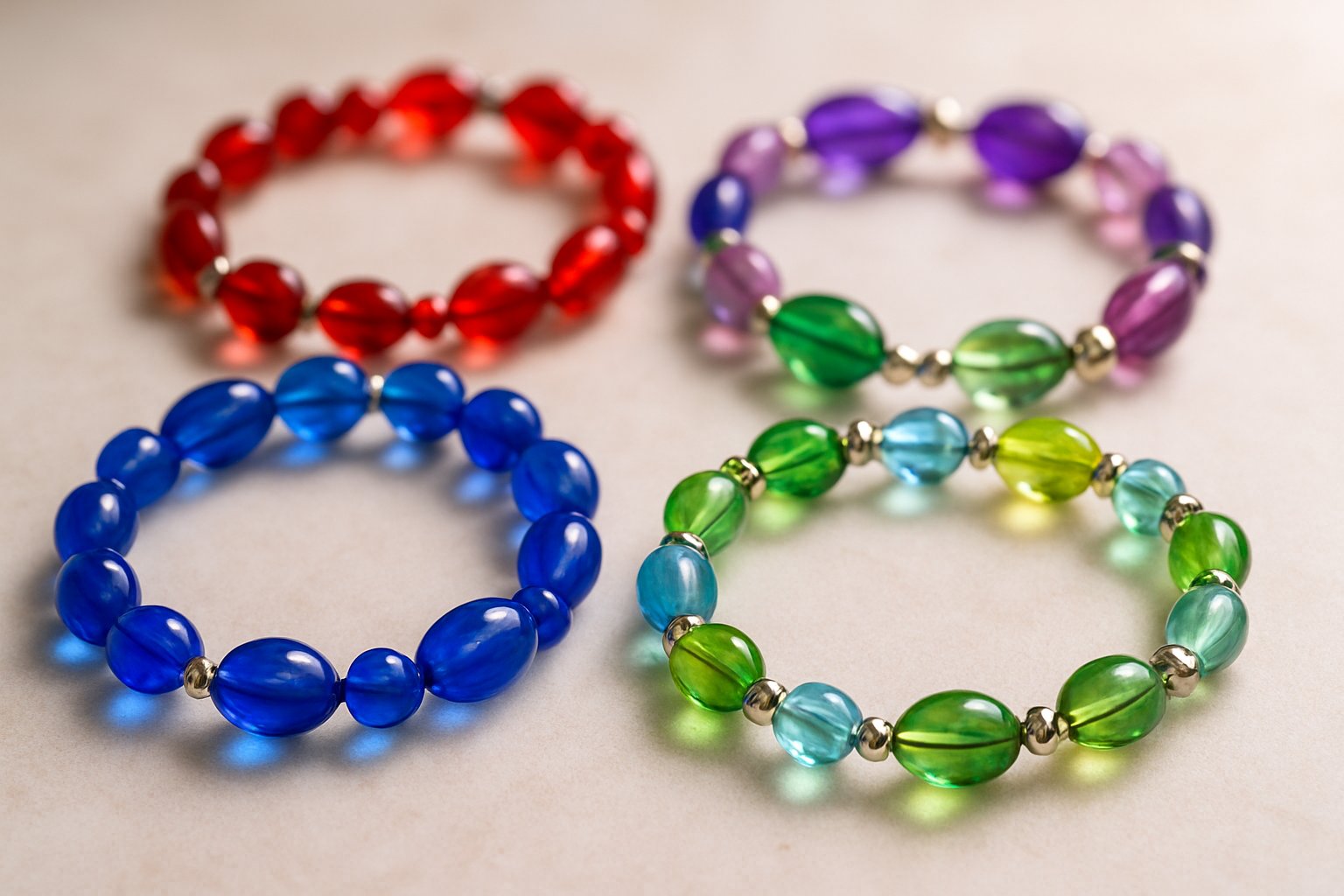 Close-up of several colorful glass bead bracelets arranged on a neutral surface.