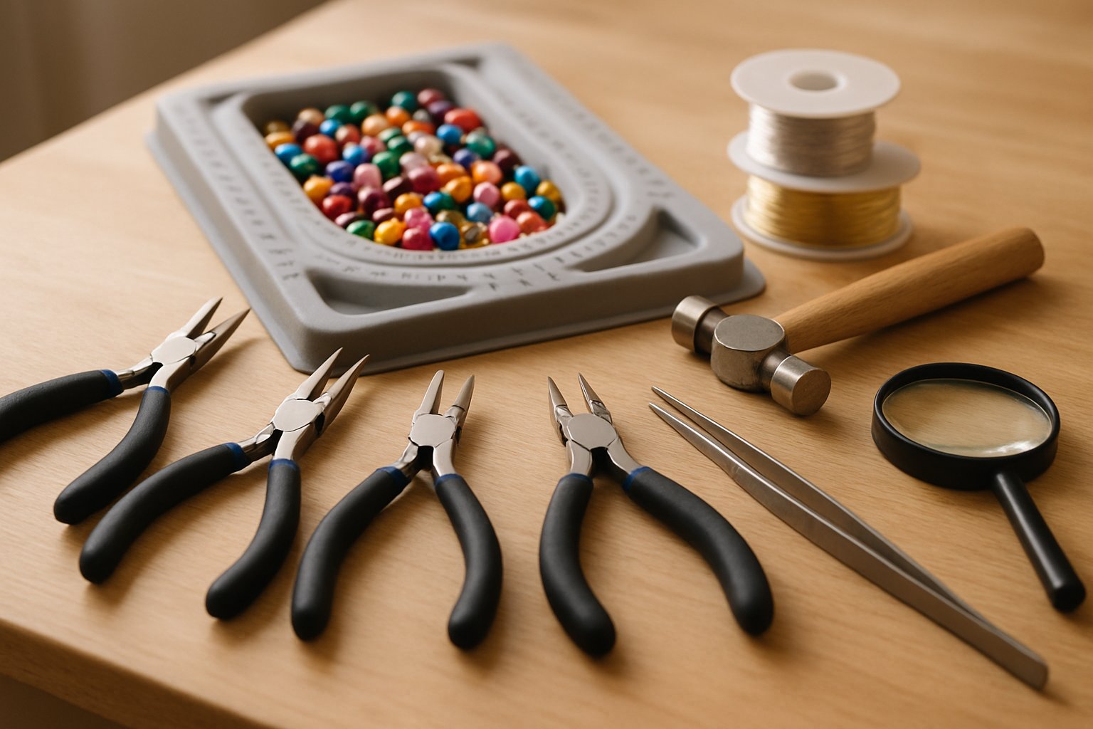 A workspace with jewellery making tools including pliers, wire cutters, beads, and wire on a wooden table.