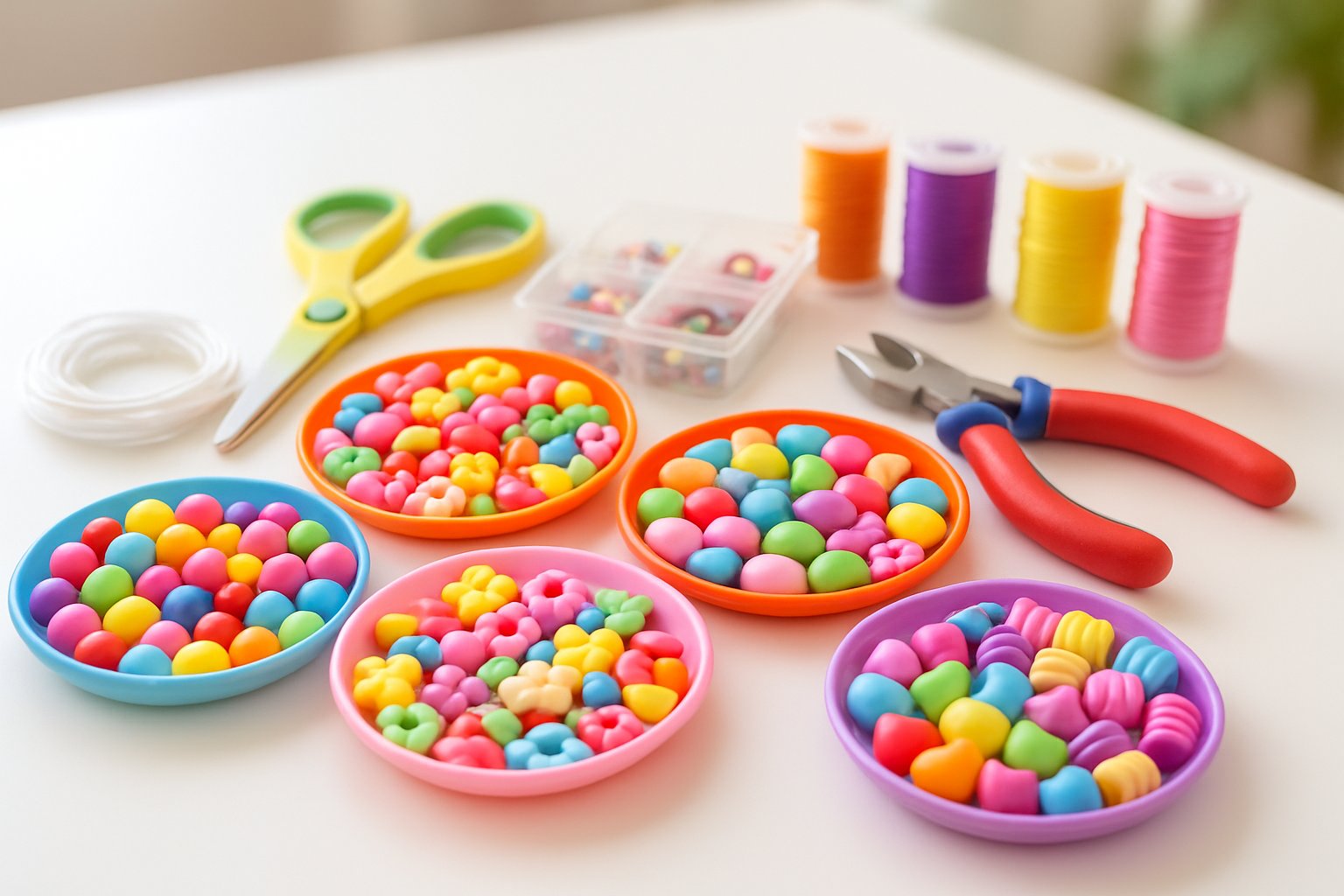 A table with colorful beads, elastic strings, child-safe scissors, small containers of charms, pliers, and thread spools arranged for children's jewellery making.